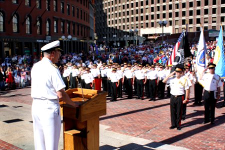 US Navy 090704-N-8110K-037 Vice Adm. Kevin McCoy, Commander, Naval Sea Systems Command, delivers remarks during the annual 4th of July flag raising ceremony at Boston City Hall Plaza photo