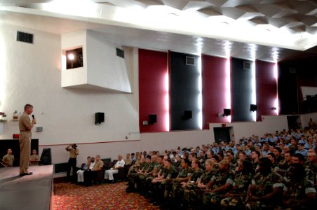 US Navy 090707-N-9818V-188 Master Chief Petty Officer of the Navy (MCPON) Rick West answers questions during an all hands call at Naval Air Facility Atsugi, Japan during his visit to the base