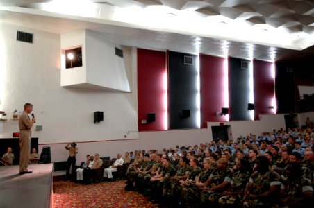 US Navy 090707-N-9818V-188 Master Chief Petty Officer of the Navy (MCPON) Rick West answers questions during an all hands call at Naval Air Facility Atsugi, Japan during his visit to the base photo