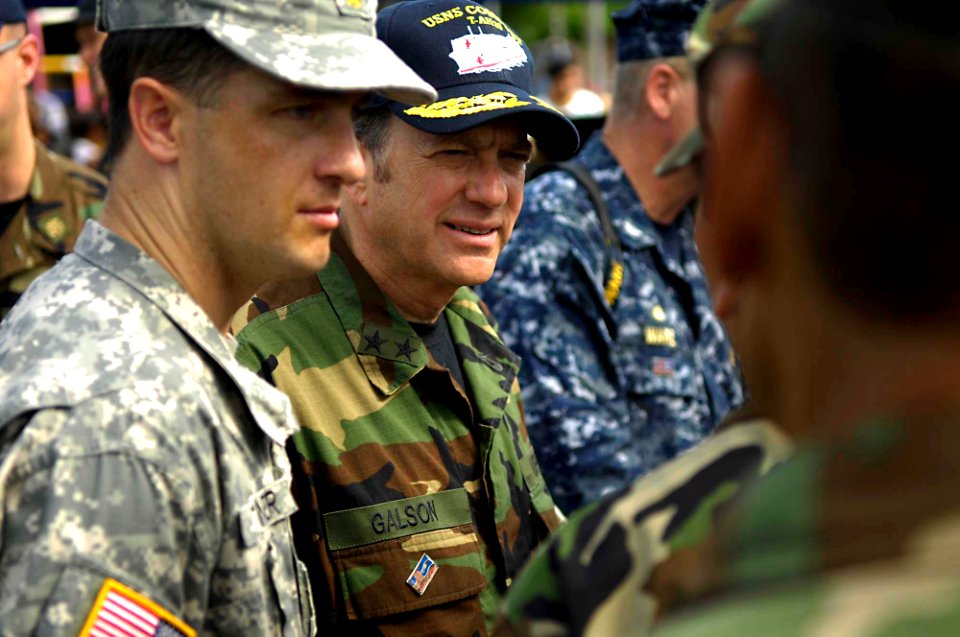 US Navy 090707-F-7923S-128 Rear Adm. Steven K. Galson, acting U.S. Surgeon General, speaks with Nicaraguan soldiers during his tour of Continuing Promise 2009 medical service project sites
