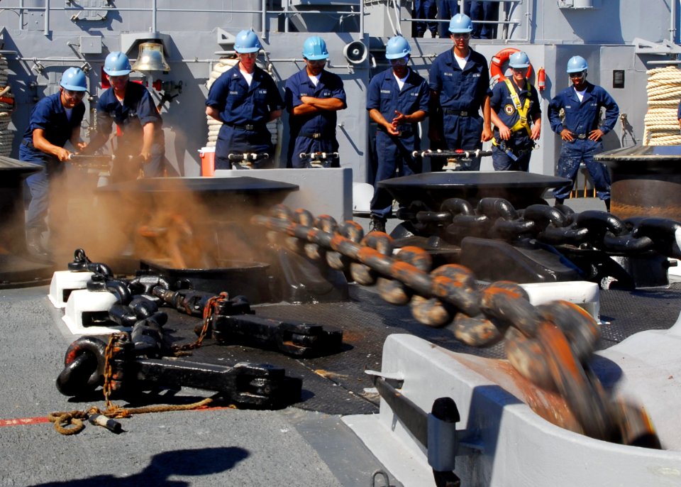 US Navy 090707-N-5538K-130 A sea and anchor detail releases an anchor from the forecastle of the amphibious transport dock ship USS Denver (LPD 9) before a Talisman Saber 2009 (TS09) training exercise