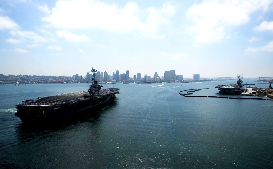 US Navy 090706-N-6538W-176 The aircraft carrier USS John C. Stennis (CVN 74) pulls into San Diego, Calif., to offload Carrier Air Wing (CVW) 9 before returning to homeport in Bremerton, Wash