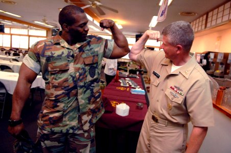 US Navy 090707-N-9818V-328 Master Chief Petty Officer of the Navy (MCPON) Rick West meets with Sailors at the Far East Cafe for lunch at Naval Air Facility Atsugi, Japan during his visit to the base