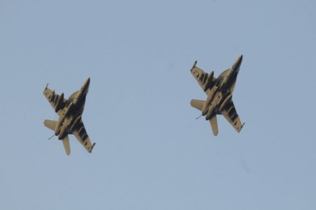 US Navy 090707-N-3610L-365 Two F-A-18 Super Hornets fly in synchronization around USS Ronald Reagan