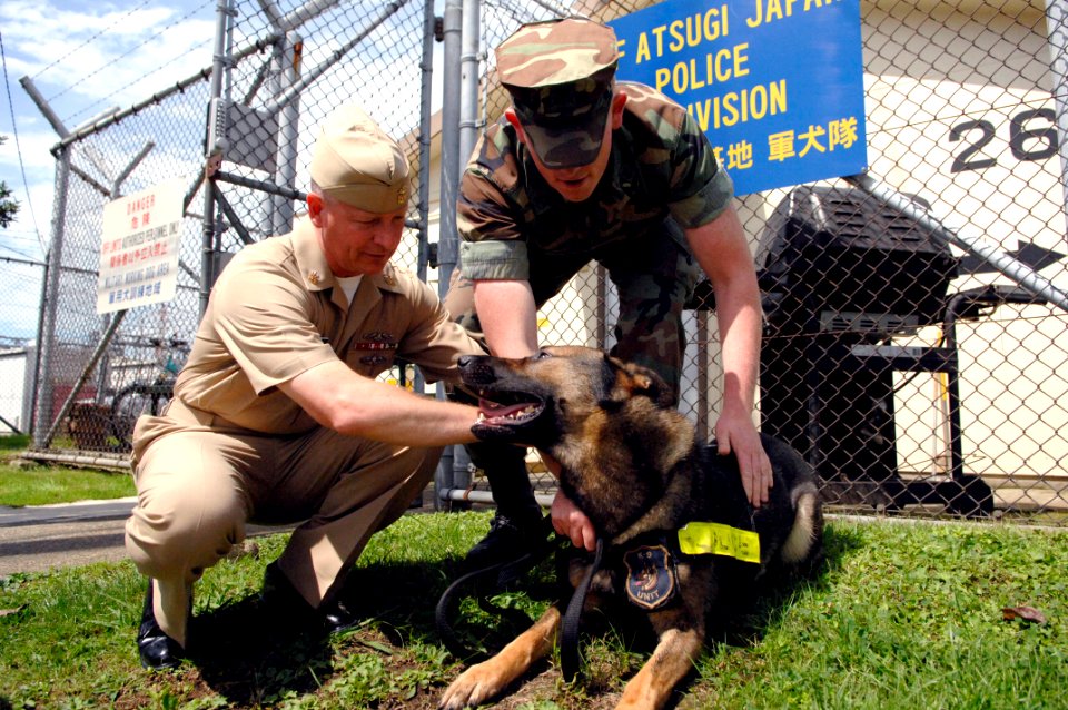 US Navy 090707-N-9818V-121 Master Chief Petty Officer of the Navy (MCPON) Rick West visits Sailors at the K9 Kennel at Naval Air Facility Atsugi, Japan during his visit to the base