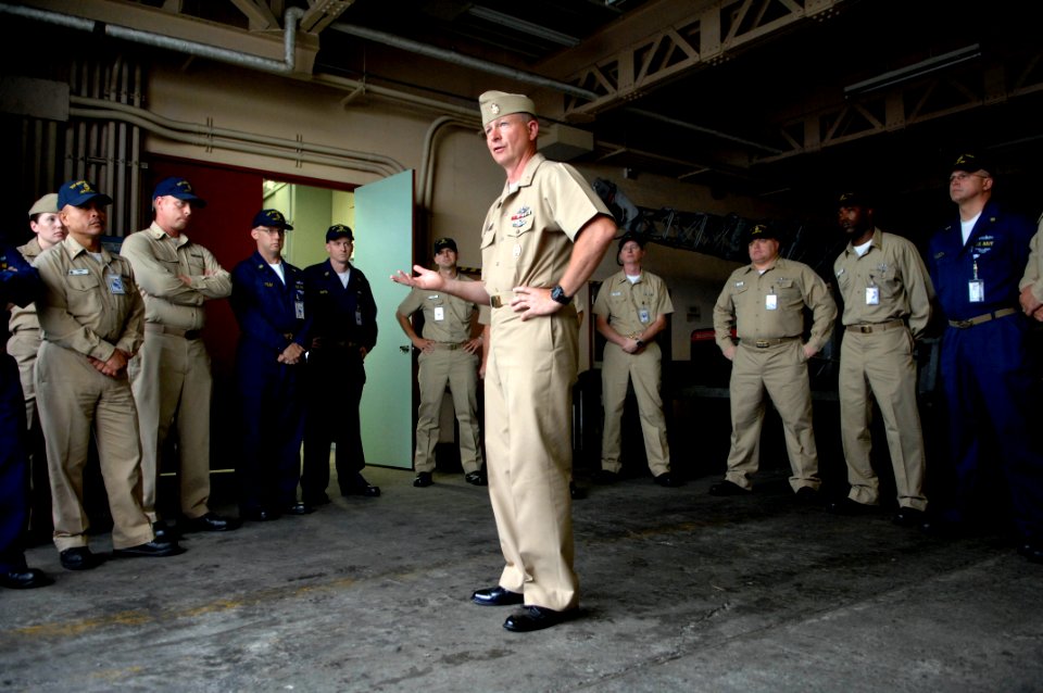 US Navy 090706-N-9818V-384 Master Chief Petty Officer of the Navy (MCPON) Rick West speaks with chief petty officers at U.S. Naval Ship Repair Facility, Yokosuka during his visit to Commander Fleet Activities Yokosuka, Japan