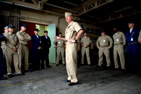 US Navy 090706-N-9818V-384 Master Chief Petty Officer of the Navy (MCPON) Rick West speaks with chief petty officers at U.S. Naval Ship Repair Facility, Yokosuka during his visit to Commander Fleet Activities Yokosuka, Japan photo