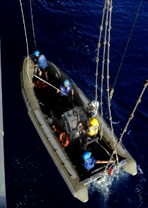 US Navy 090709-N-9988F-021 Sailors assigned to the Deck Department stand at ease after a man overboard drill, as the rigid-hull inflatable boat is recovered onto the aircraft carrier USS Dwight D. Eisenhower (CVN 69)