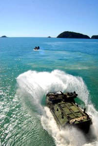 US Navy 090707-N-5538K-233 Amphibious Assault vehicles exit the well deck of the forward deployed amphibious transport dock ship USS Denver (LPD 9) during a Talisman Saber 2009 training exercise