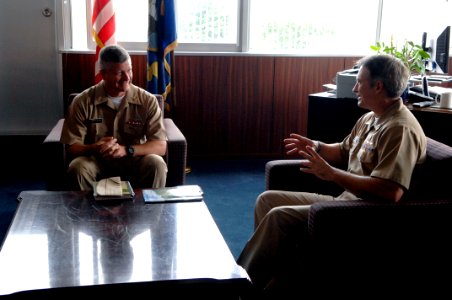 US Navy 090707-N-9818V-017 Master Chief Petty Officer of the Navy (MCPON) Rick West has an office call with Capt. Eric Gardner, commanding officer of Naval Air Facility Atsugi, Japan
