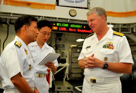 US Navy 090707-N-8273J-236 Chief of Naval Operations (CNO) Adm. Gary Roughead visits with Sailors aboard the Republic of Korea Aegis destroyer Sejong the Great (KDX 991) during a visit to Busan, Korea
