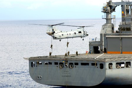 US Navy 100918-N-8335D-318 Marines assigned to the 31st Marine Expeditionary Unit (31st MEU) fast rope from a CH-46 Sea Knight helicopter onto the photo