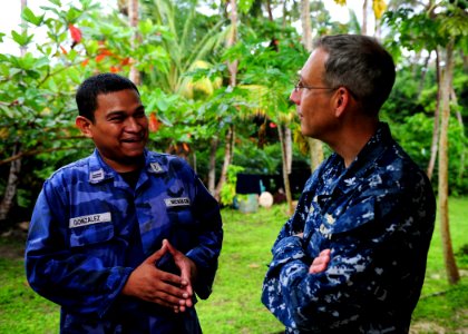 US Navy 100918-N-1531D-270 Capt. Thomas Negus, commodore of Continuing Promise 2010, talks with the commanding officer of Corn Island's Nicaraguan photo