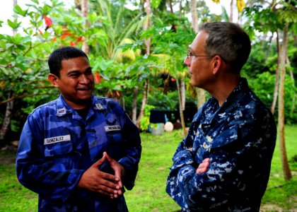 US Navy 100918-N-1531D-270 Capt. Thomas Negus, commodore of Continuing Promise 2010, talks with the commanding officer of Corn Island's Nicaraguan