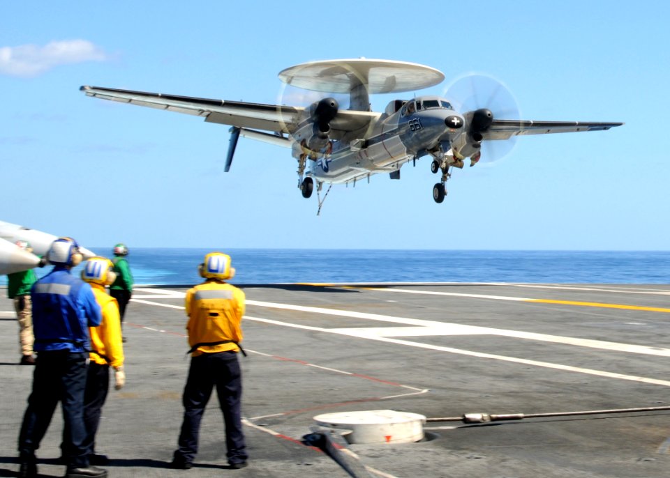 US Navy 100922-N-6632S-040 An E-2C Hawkeye assigned to Carrier Airborne Early Warning Squadron (VAW) 120 lands aboard the aircraft carrier USS Geor