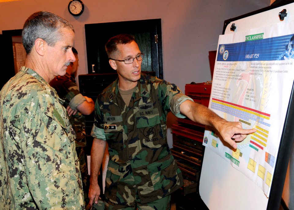 US Navy 100918-N-6357K-007 Lt. John Meyer briefs Rear Adm. Michael Tillotson on the battalion's Scaleable Modular Agile Responsive Table of Allowan