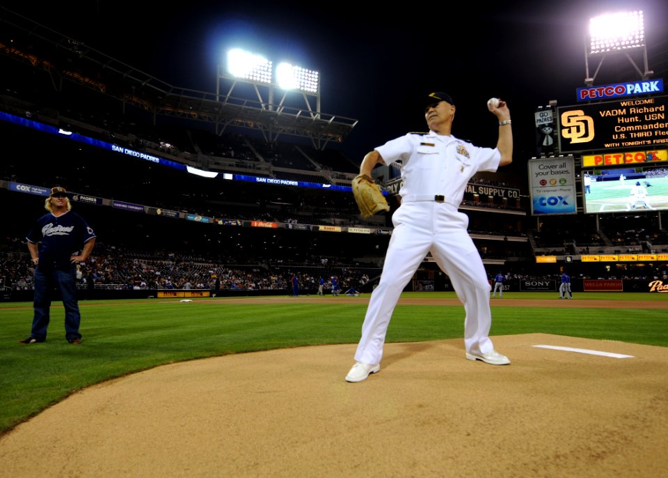 US Navy 100929-N-2055M-245 Vice Adm. Richard Hunt, commander of U.S. 3rd Fleet, delivers the opening pitch for the San Diego Padres