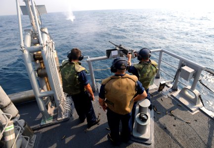US Navy 100924-N-0413B-154 Sailors aboard the mine countermeasures ship USS Ardent (MCM 12) participates in a .50-caliber machine gun