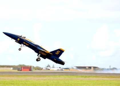 US Navy 100924-N-5476H-223 Blue Angel Number 5, part of the U.S. Navy Blue Angels flight demonstration squadron, takes off during the Kaneohe Bay A
