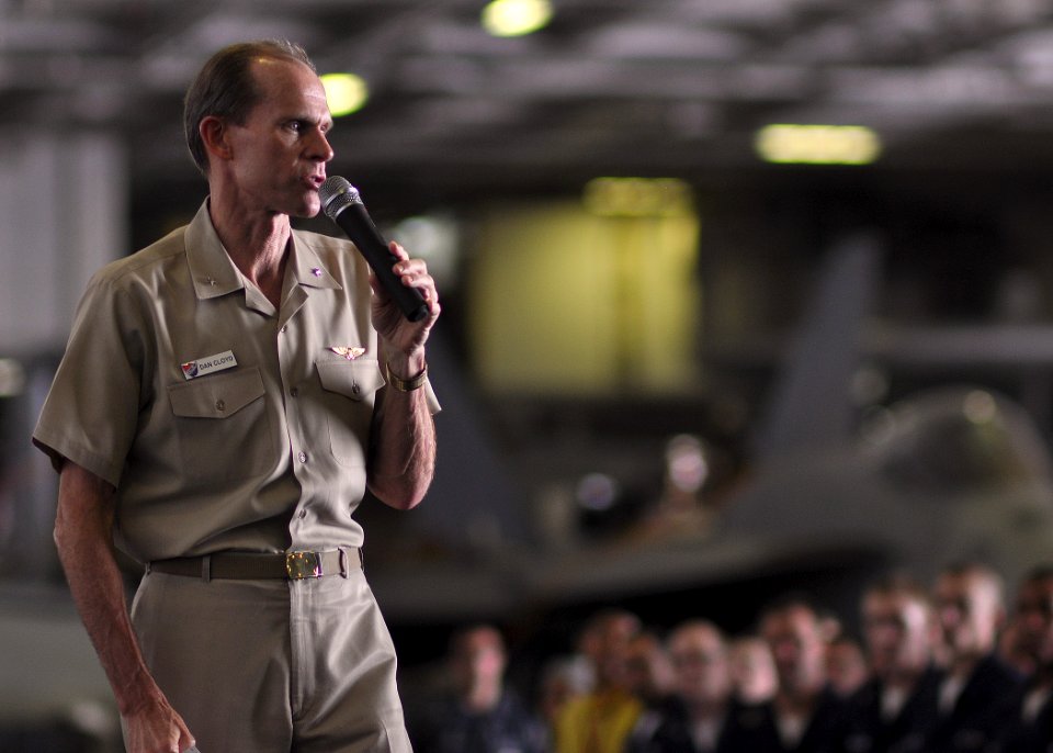 US Navy 100929-N-2013O-163 Rear Adm. Dan Cloyd, commander of Task Force 70, speaks during an admiral's call in the hangar bay of the aircraft carri