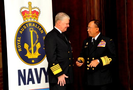 US Navy 100929-N-8273J-031 Chief of Naval Operations (CNO) Adm. Gary Roughead, left, speaks with Adm. Tan Sri Abdul Aziz Jafaar during the 12th Wes photo