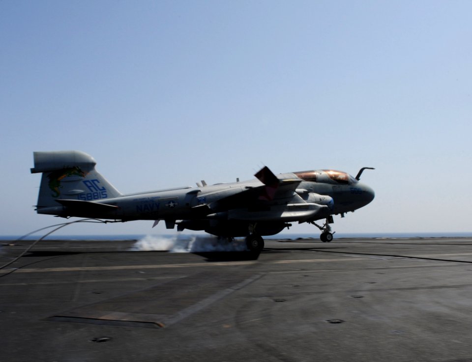US Navy 101005-N-6427M-150 An EA-6B Prowler assigned to the Zappers of Electronic Attack Squadron (VAQ) 130, catches an arresting wire during the m