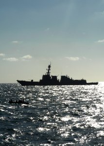 US Navy 100929-N-2855B-090 A rigid-hull inflatable boat patrols the water surrounding USS Stout (DDG 55) during maritime interdiction operations tr
