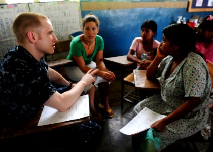 US Navy 101001-N-1531D-259 Lt. Daniel Bowers teaches Panamanian women about hydration during a Continuing Promise 2010 medical community service ev
