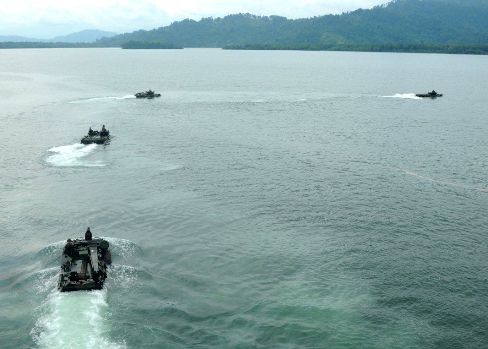 US Navy 101005-N-7680E-060 Amphibious assault vehicles (AAV) assigned to Alpha Company of the 2nd Assault Amphibian Battalion transit away from the