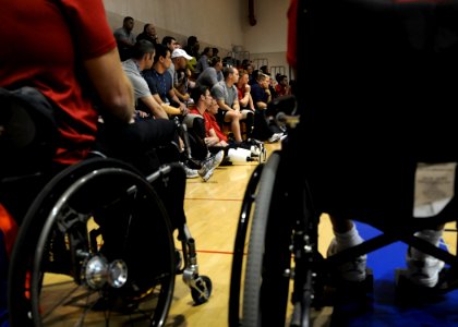 US Navy 101005-N-2055M-248 Paraplegic service members listen to instructions for the events as part of the annual Paralympic Military Sports Camp a