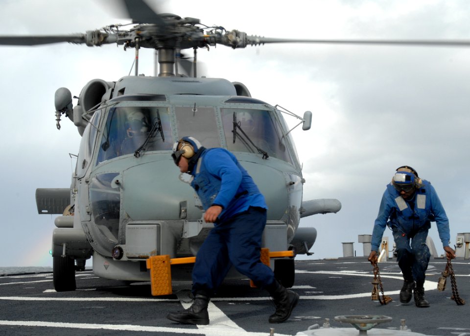 US Navy 101005-N-2855B-137 Flight deck personnel pull the chocks and chains from an SH-60B Sea Hawk helicopter assigned to Helicopter Anti-Submarin
