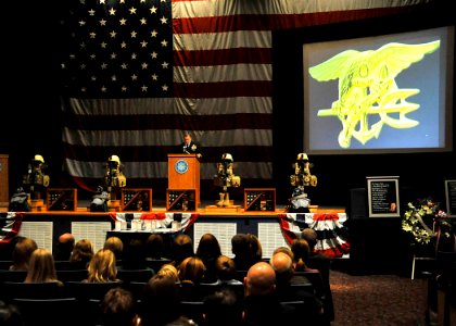 US Navy 101006-N-8689C-046 Rear Adm. (SEAL) Edward G. Winters, commander of Naval Special Warfare Command, delivers remarks during a memorial service