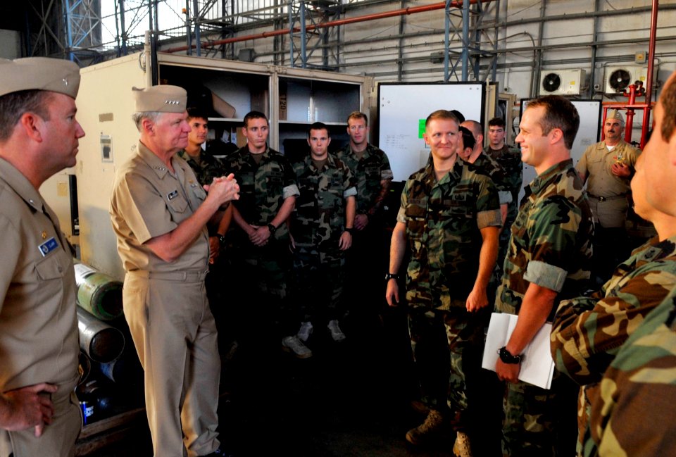 US Navy 101004-N-8273J-030 Chief of Naval Operations (CNO) Adm. Gary Roughead speaks with Sailors at Naval Air Station Sigonella