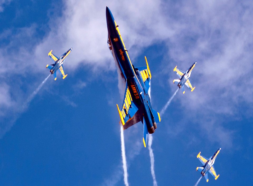 US Navy 101003-N-7981E-020 Members of the U.S. Navy flight demonstration squadron, the Blue Angels, perform during the Marine Corps Air Station Mir