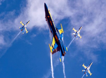 US Navy 101003-N-7981E-020 Members of the U.S. Navy flight demonstration squadron, the Blue Angels, perform during the Marine Corps Air Station Mir