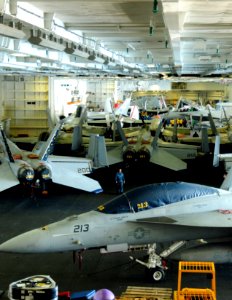 US Navy 101006-N-8913A-018 Aircraft from Carrier Air Wing (CVW) 8 are stored in the hangar bay of the aircraft carrier USS George H.W. Bush (CVN 77
