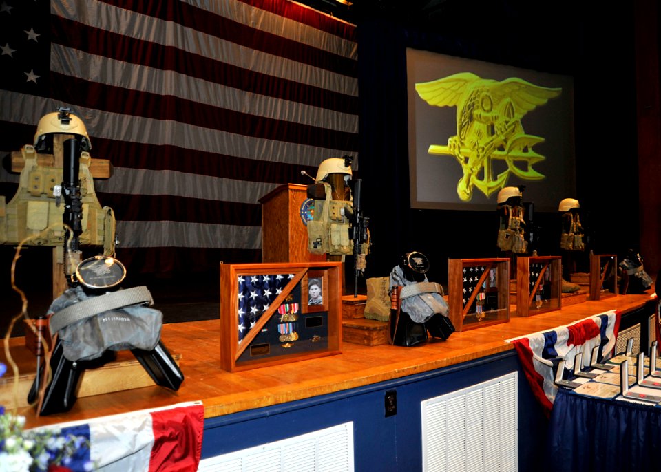 US Navy 101006-N-8689C-010 Four memorials are displayed during a memorial service for four members of the Naval Special Warfare community at Joint