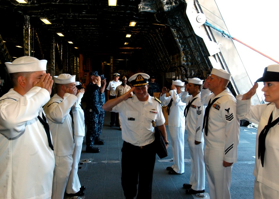 US Navy 101012-N-6125G-045 Commodore Haakon Tronstad, commander of Norwegian Fleet, departs the littoral combat ship USS Independence (LCS 2),