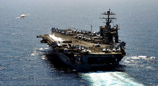 US Navy 101007-N-6003P-165 An E-2C Hawkeye assigned to the Seahawks of Airborne Early Warning Squadron (VAW) 126 launches from the aircraft carrier