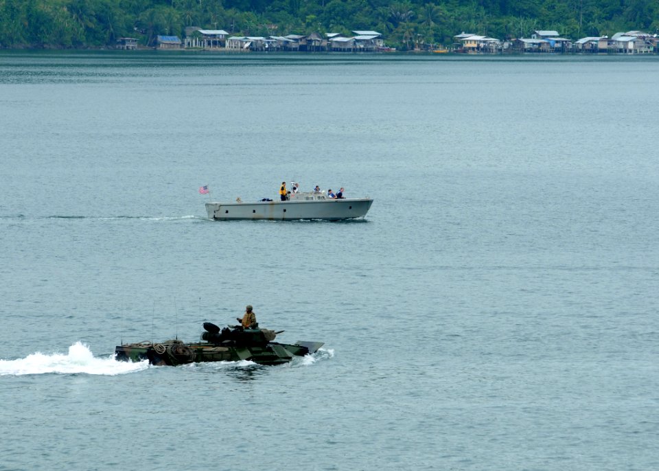 US Navy 101005-N-7680E-071 An amphibious assault vehicle (AAV) assigned to Alpha Company of the 2nd Assault Amphibian Battalion transits away from