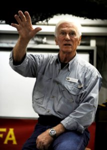 US Navy 101009-N-6427M-167 Retired astronaut Capt. Gene Cernan speaks with Marines assigned to Marine Fighter Attack Squadron (VMFA) 312 during the