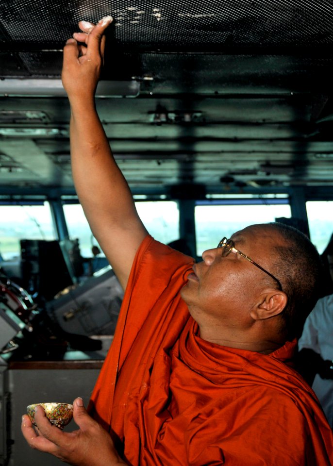 US Navy 101006-N-7103C-099 A Buddhist monk from the Wat Jitapawan Temple blesses the bridge of the aircraft carrier USS George Washington (CVN 73)