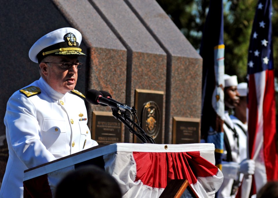 US Navy 101012-N-3737T-126 Adm. J.C. Harvey Jr., commander of U.S. Fleet Forces Command, delivers remarks at the USS Cole Memorial during the 10th