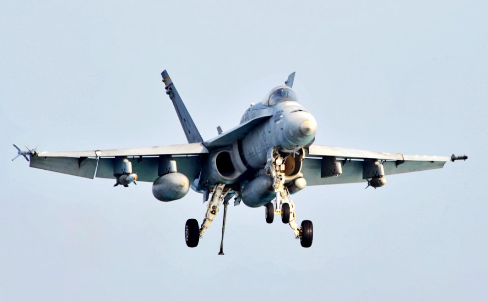 US Navy 101009-N-6003P-202 An F-A-18C Hornet assigned to the Checkerboards of Marine Fighter Attack Squadron (VMFA) 312 prepares to land on the air