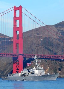 US Navy 101009-N-3570S-046 The guided-missile destroyer USS Pinckney (DDG 91) passes under the Golden Gate Bridge during the Parade of Ships at San