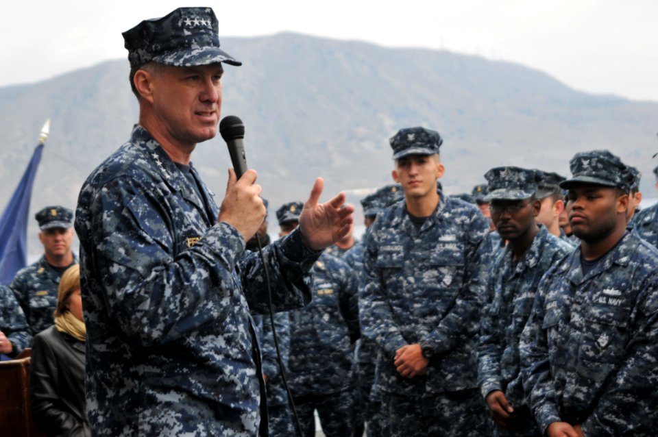 US Navy 111125-N-MO201-054 Vice Chief of Naval Operations (VCNO) Adm. Mark Ferguson addresses sailors aboard the guided-missile frigate USS Samuel