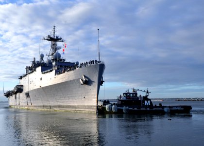 US Navy 111128-N-YC845-350 The amphibious transport dock ship USS Ponce (LPD 15) departs Naval Station Norfolk for a brief underway period