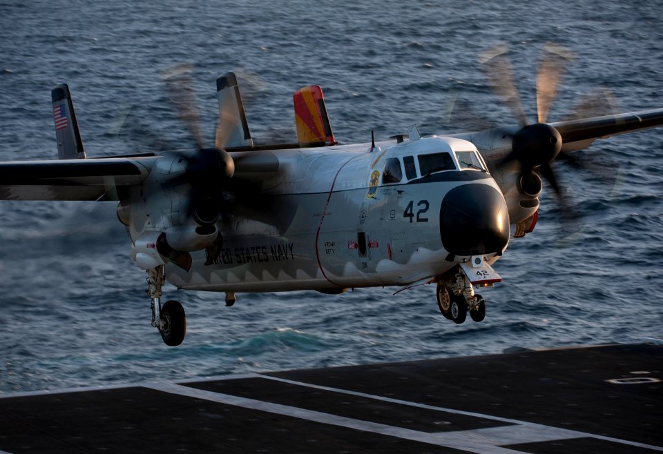 US Navy 111201-N-DR144-654 A C-2A Greyhound assigned to Fleet Logistics Support Squadron (VRC) 40 approaches for a touch-and-go while conducting ca