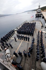 US Navy 111125-N-MO201-036 Vice Chief of Naval Operations (VCNO) Adm. Mark Ferguson reenlists six sailors aboard the guided-missile frigate USS Sam
