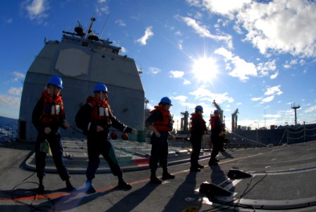 US Navy 111130-N-DU438-079 Sailors man the phone and distance line on the forecastle of guided-missile cruiser USS Gettysburg (CG 64) during a repl